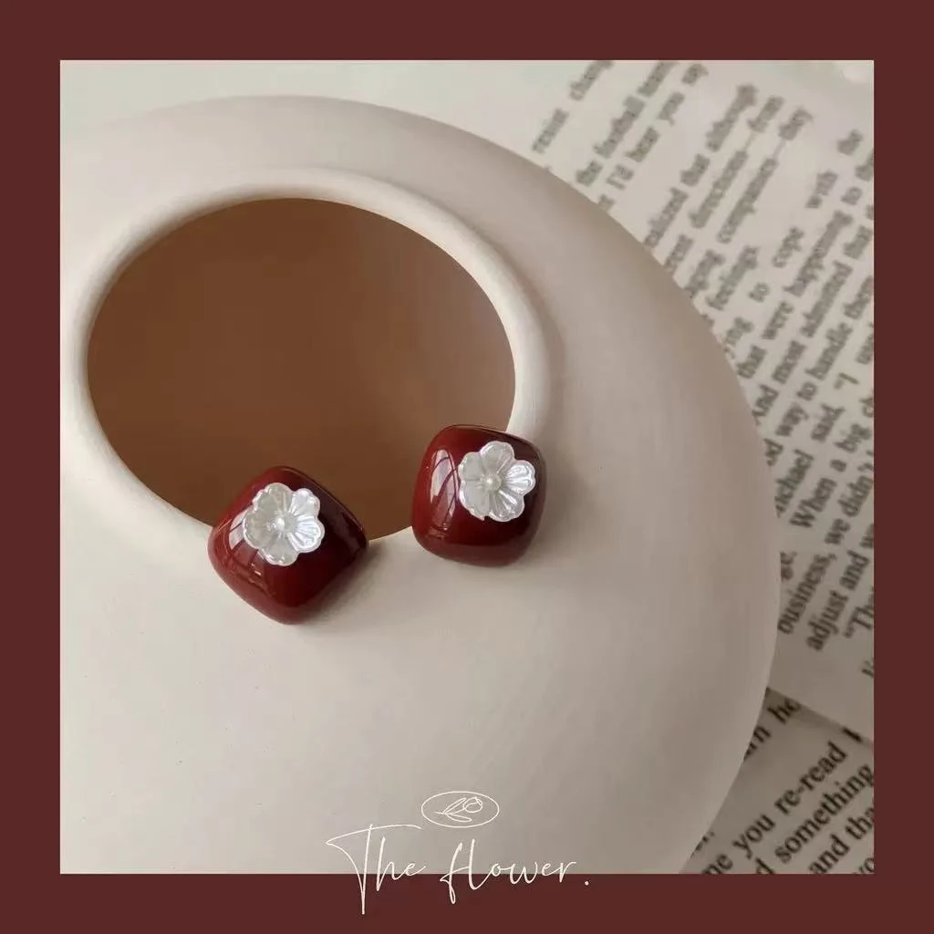 合金耳饰 925银针复古酒红树脂花朵耳钉女法式简约时尚手作耳环