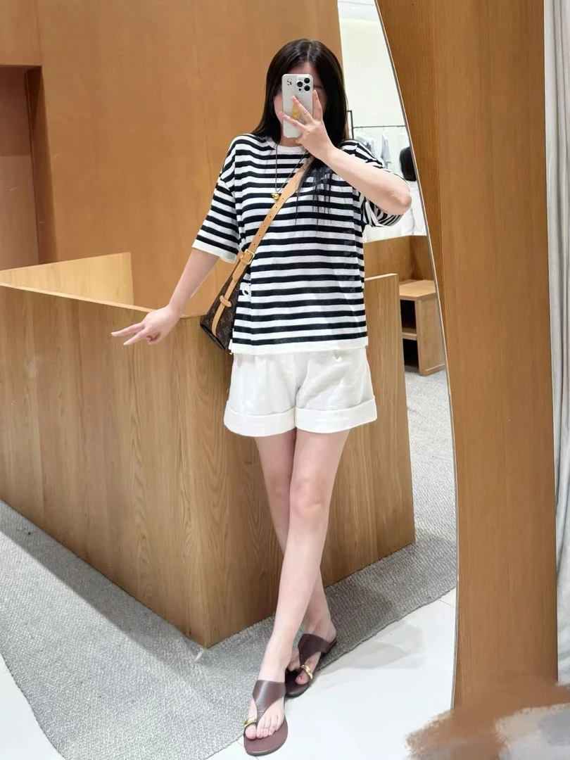 女士圆领条纹宽松小蛇短袖