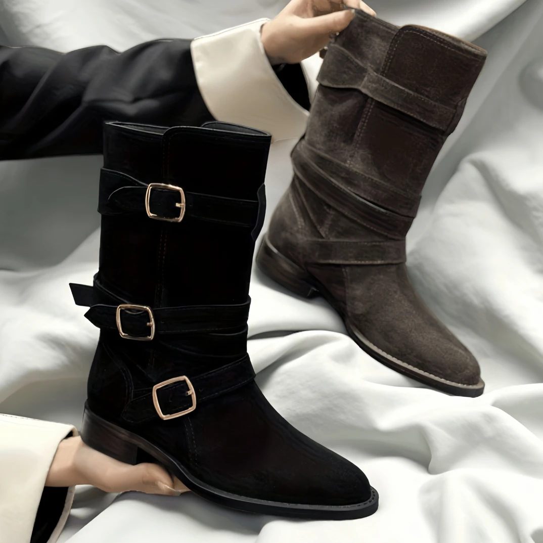 【高端原创欧货】018-06磨砂皮中筒马丁靴女复古翻毛皮英伦风骑士