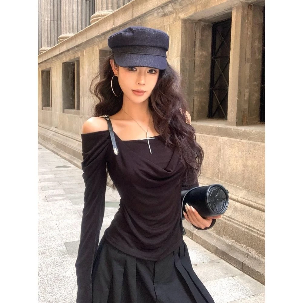 一字肩荡领长袖t恤女秋季美式辣妹露肩上衣设计感小众防晒衫罩衫
