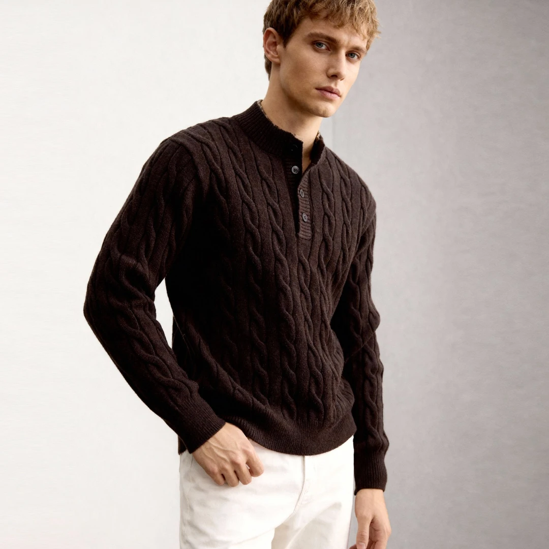 假两件麻花套头毛衣男秋冬季宽松高级感亨利领慵懒风痞帅针织上衣