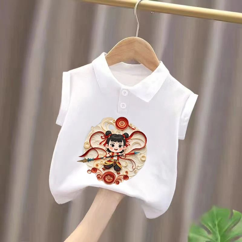 国潮风哪吒春夏新款男女中小儿童背心t恤纯棉Polo领宽松百搭上衣t