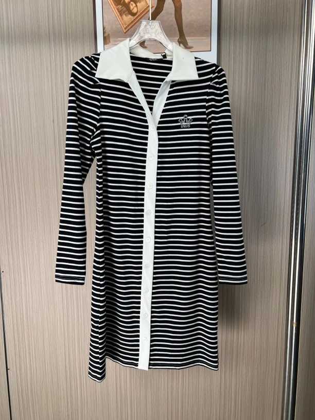 7948品牌撤柜fg女装优雅法式针织条纹连衣裙修身版