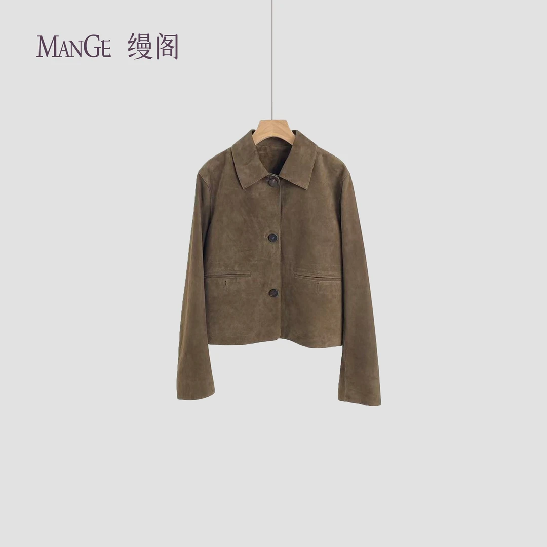 MANGE缦阁 真皮羊皮革 复古极简风 翻领短款夹克皮衣外套