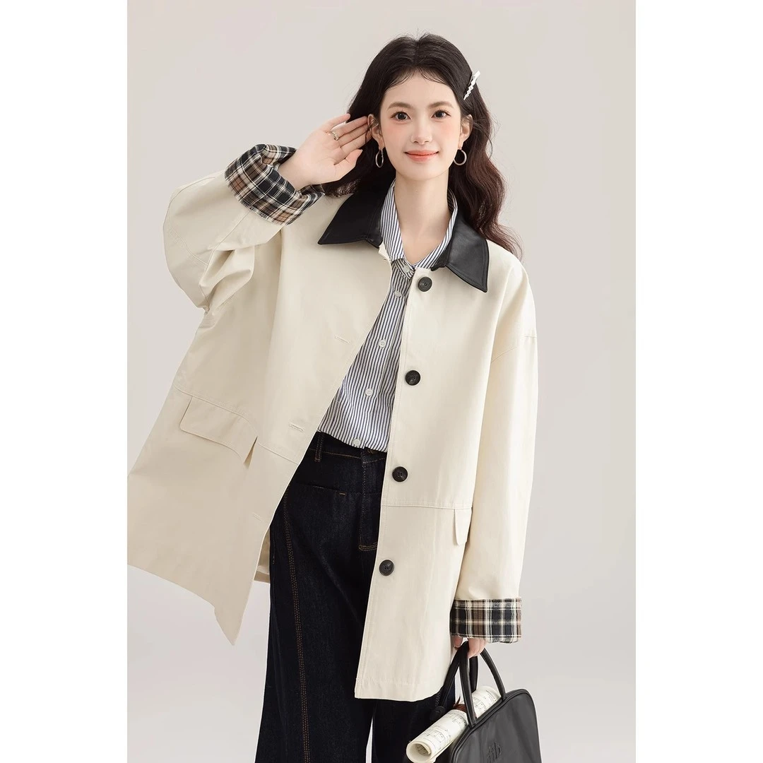 短款风衣外套女2025春秋新款韩系小个子高级感复古拼接翻领短外套