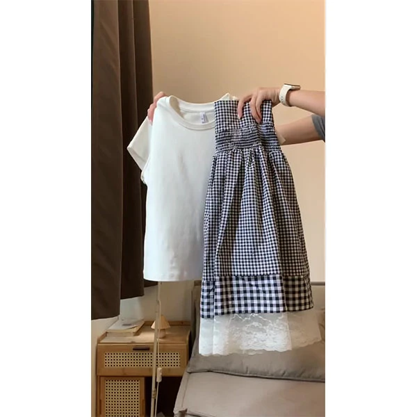 韩系甜美套装女夏季白色短袖T恤蕾丝拼接格子半身裙两件套