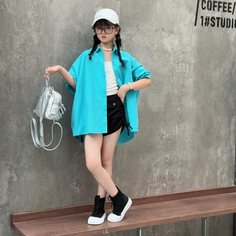 女童夏季新款时尚慵懒风百搭背心薄款字母防晒衬衫牛仔短裤三件