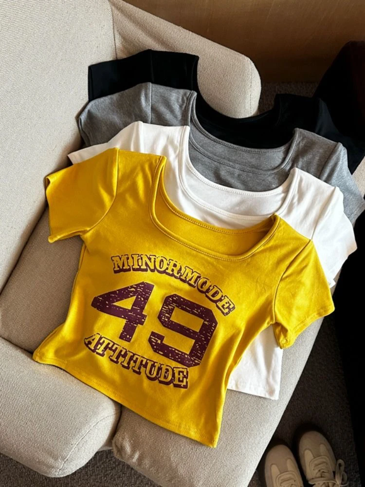 正肩袖短款T恤字母修身型短袖背心非正式学院风套装