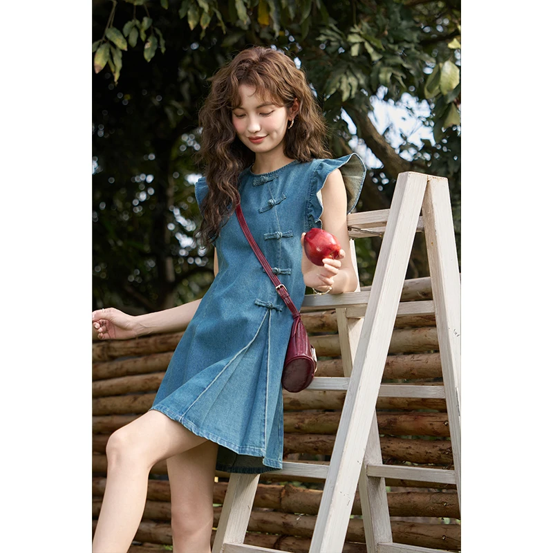 【小铃铛专属】谜秀新中式国风盘扣飞飞袖开叉牛仔连衣裙MXD22L1851