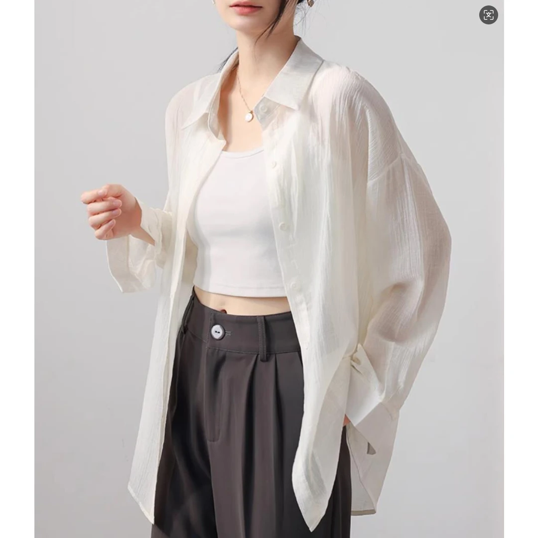 防晒衬衫女2025新款夏季天丝薄外套雪纺白色衬衣慵懒宽松微透上