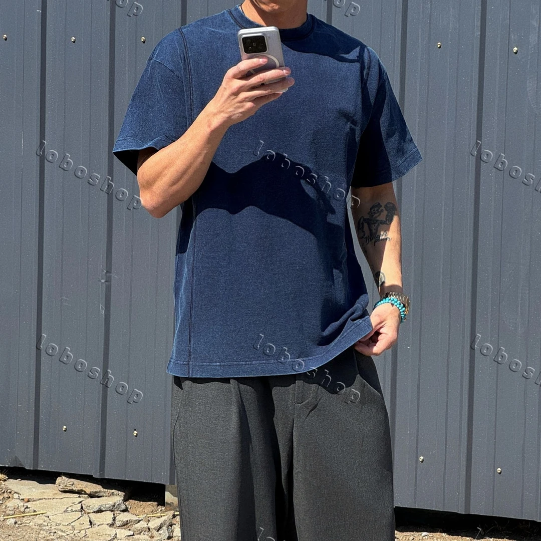 陈震同款 夏季宽三色外缝线做旧感松短袖百搭休闲半袖