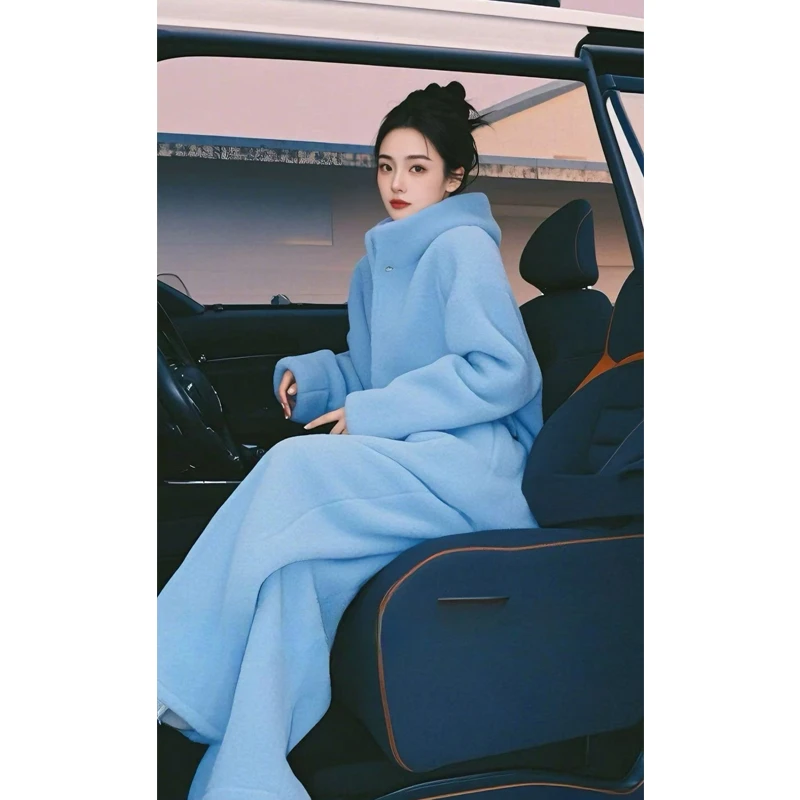 2024年韩系搭配一整套冬装时尚洋气蓝色连帽上衣裤子两件套
