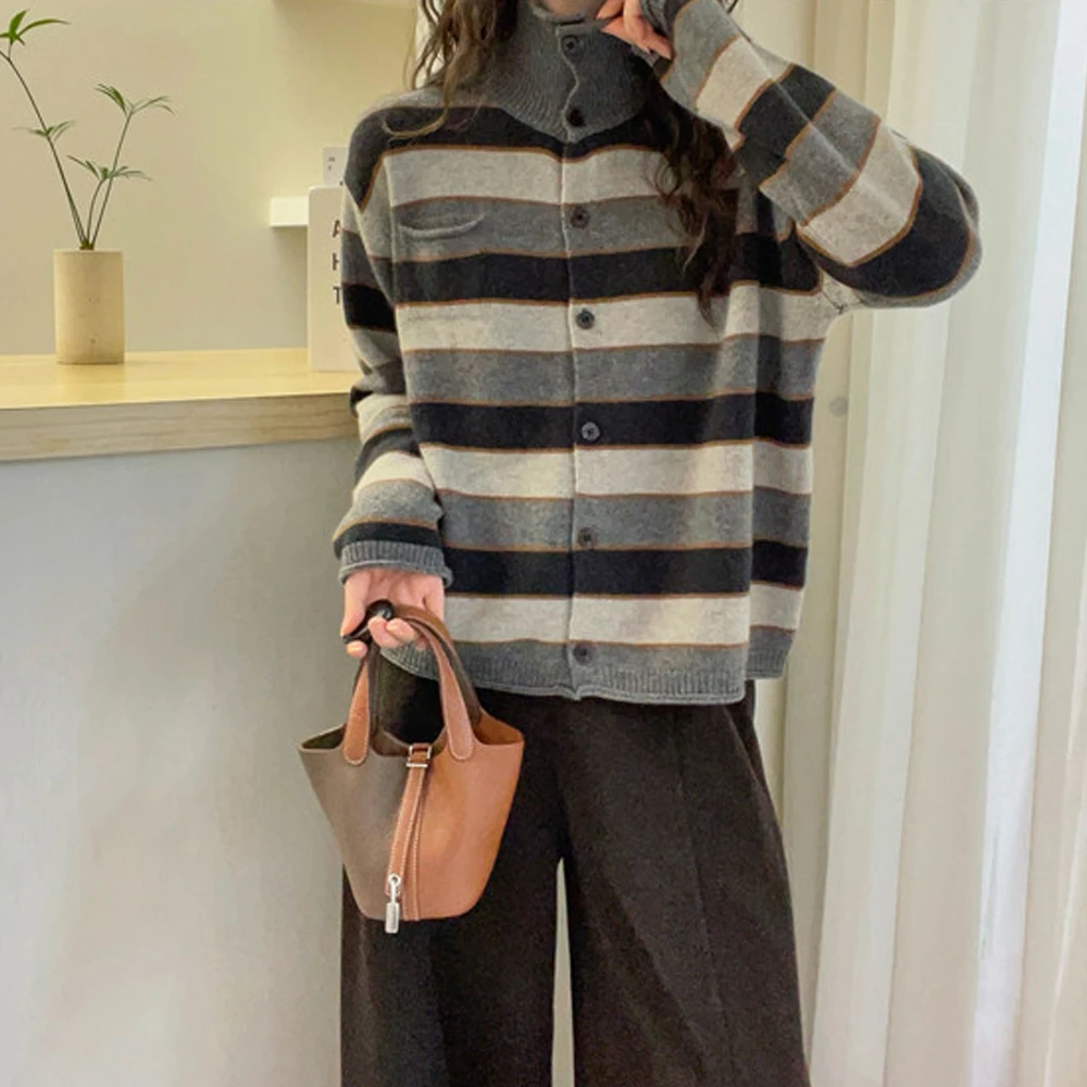 冬季新款宽松高领拼色开衫复古减龄休闲针织衫女保暖休闲百搭毛衣