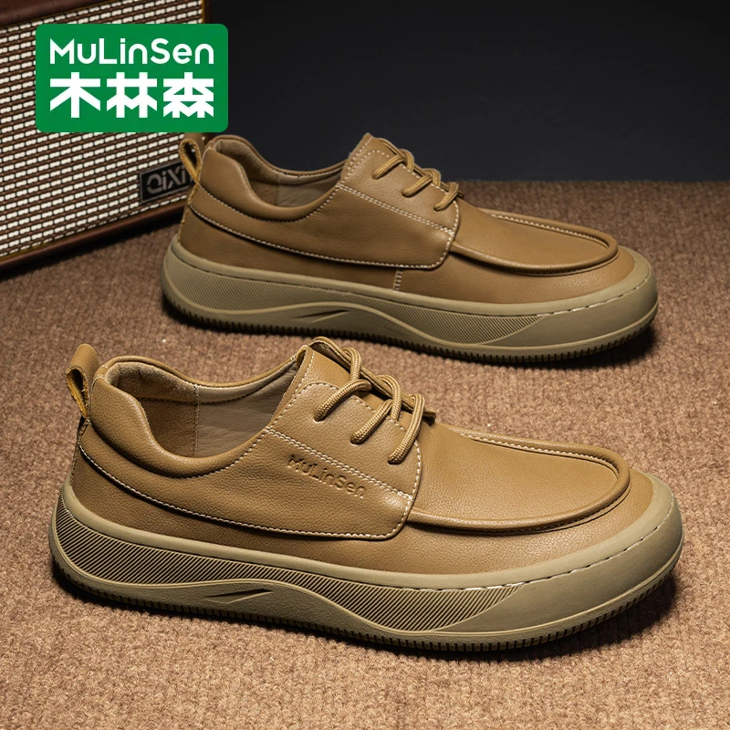 木林森男鞋2025秋冬英伦复古棕色大头休闲皮鞋男款商务低帮工装鞋