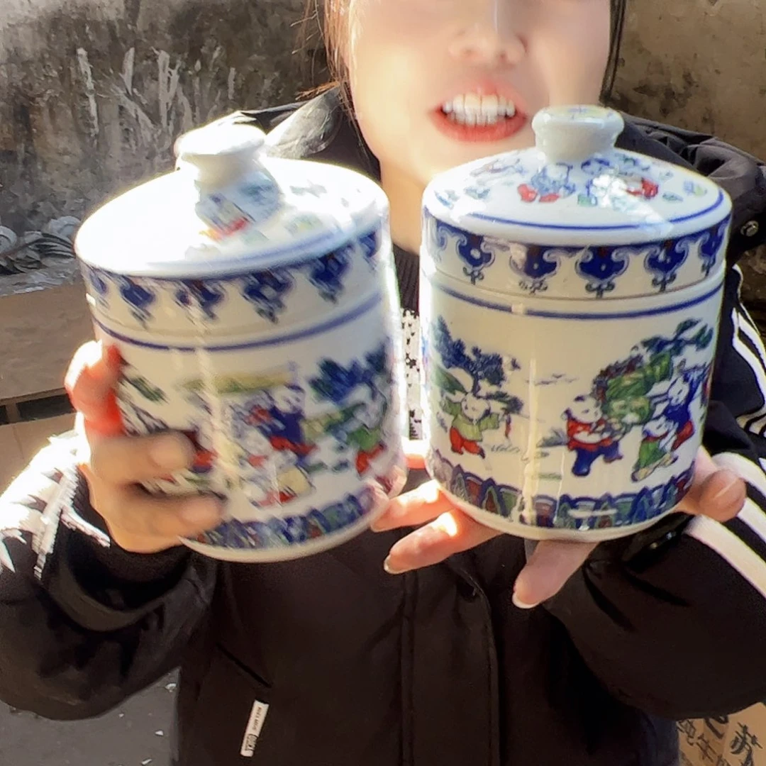 摆件瓷景德镇陶瓷童子罐2个