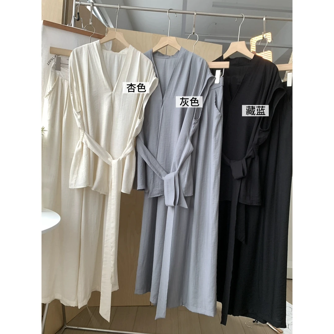 柜498！J52亚麻套装女夏季一粒扣设计无袖背心休闲宽松阔腿裤套装