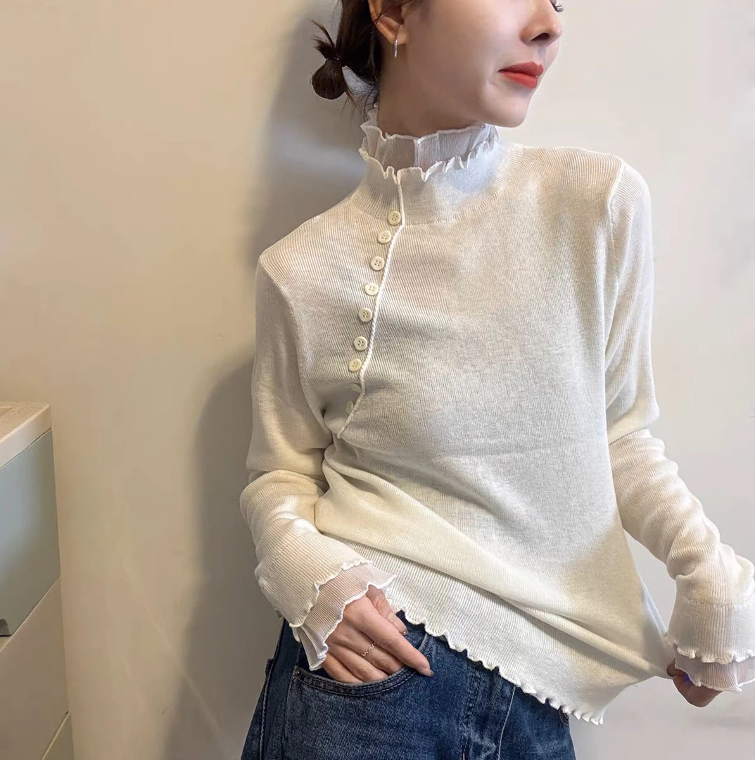 欧洲站2025冬季新款立领木耳边斜排扣设计净版显瘦打底针织衫上衣