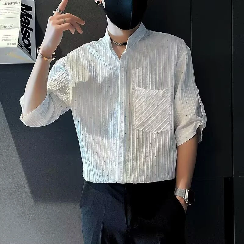 肌理感烫钻短袖衬衫夏季ins简约宽松轻熟高级感条纹五分半袖衬衣