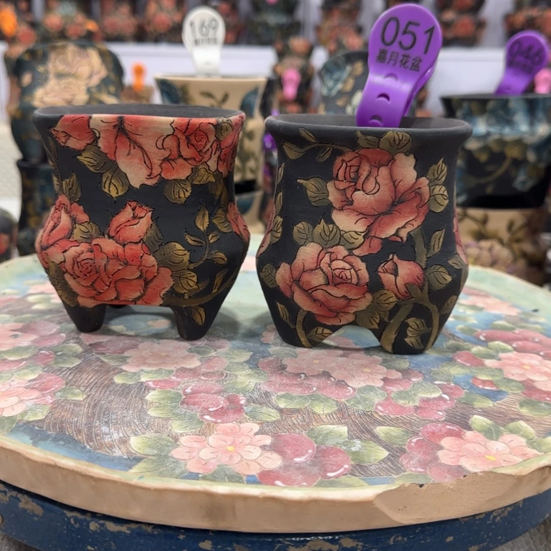 ᥫ***࿐紫砂花盆精品多肉手绘花盆