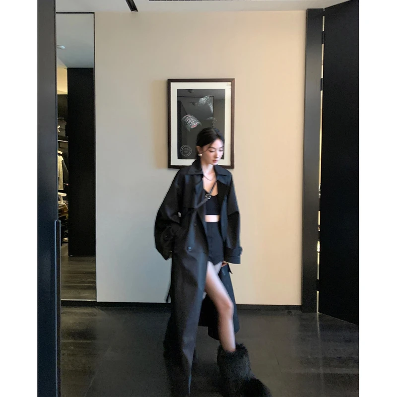 区区欧阳【秀场风衣】同款翻领双排扣外套女春季新款小个子长款大衣