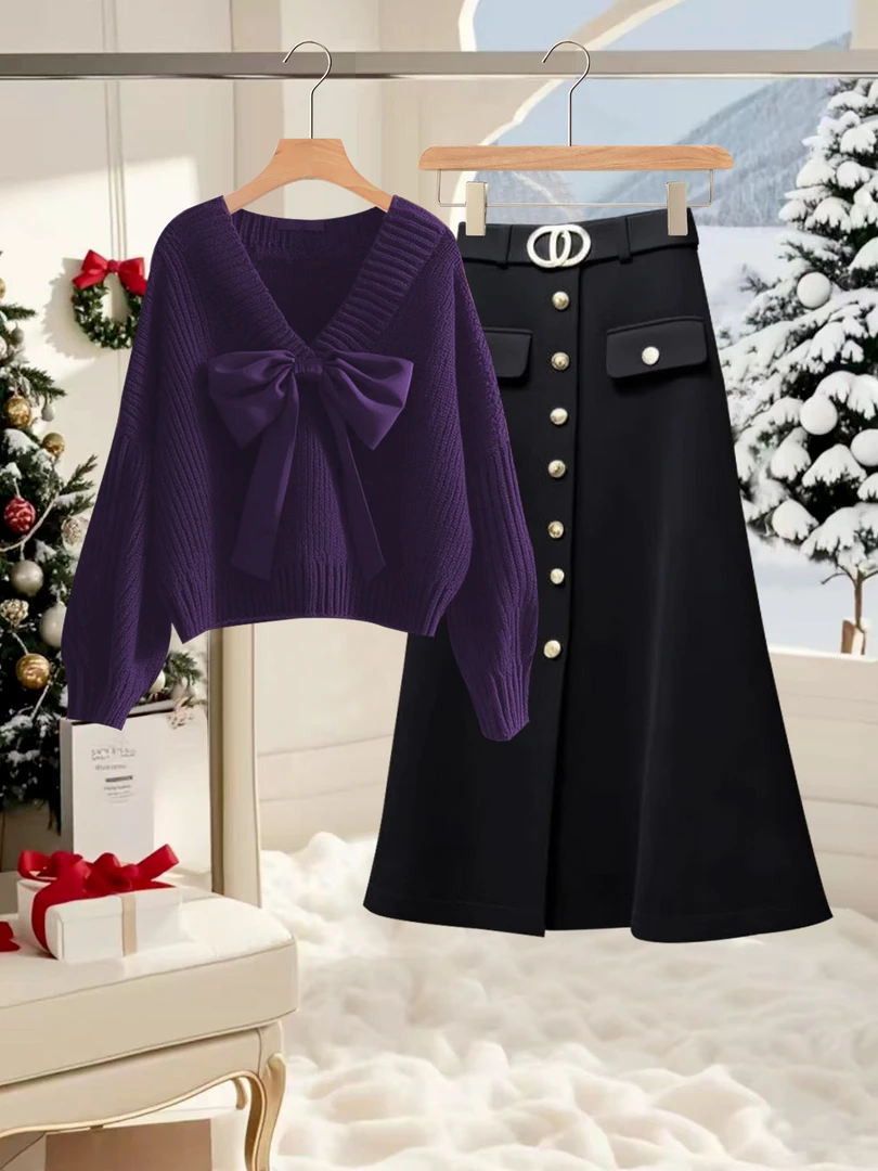 2025秋冬新款紫色V领蝴蝶结针织毛衣女装搭轻熟休闲半身裙两件套