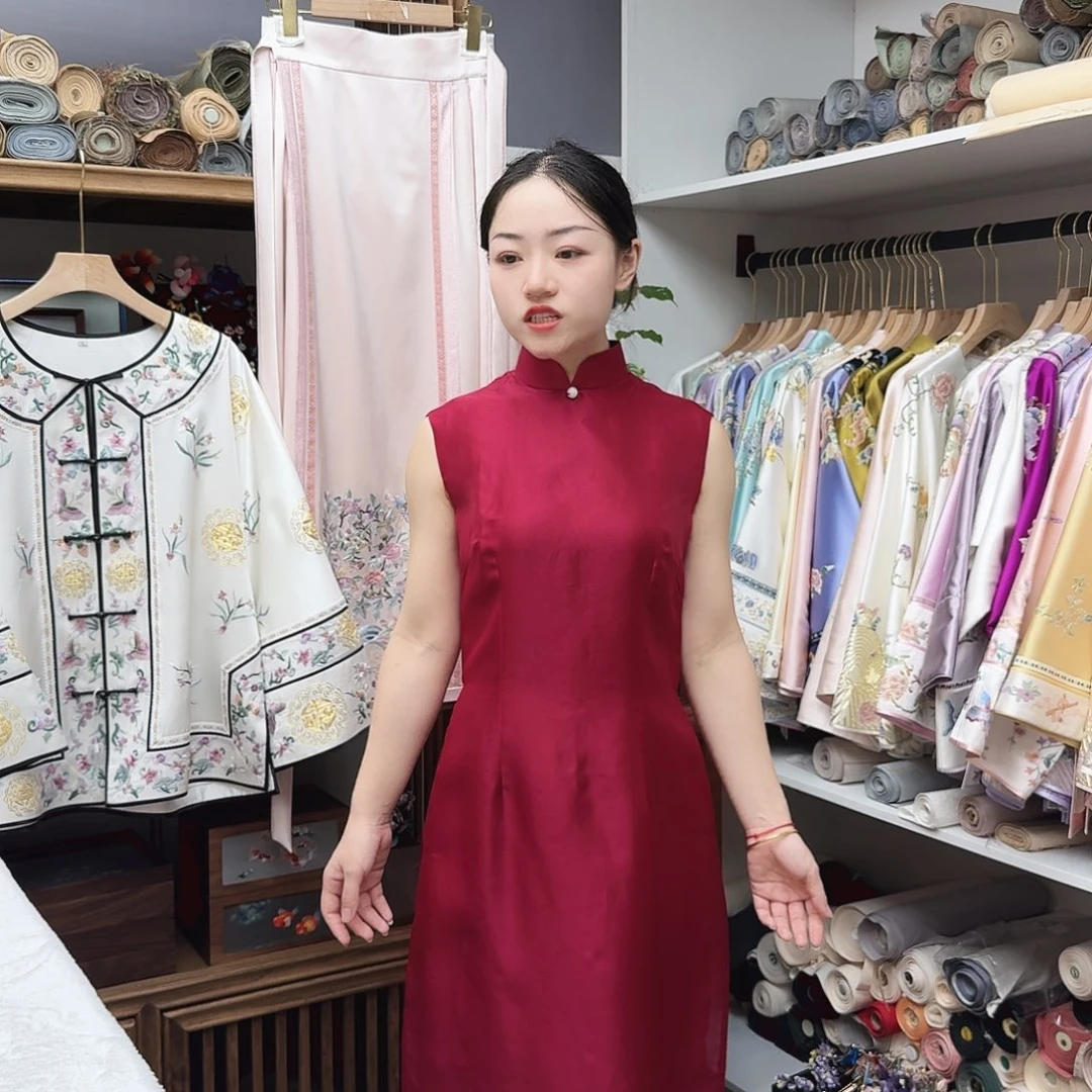 特炸旗袍红色无袖