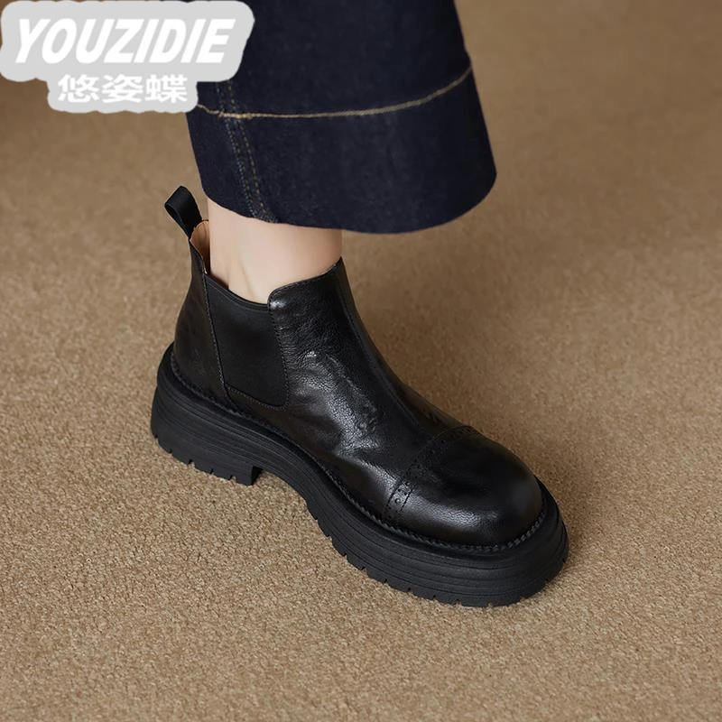 YOUZIDIE真皮圆头切尔西靴女秋冬2025新款英伦风马丁靴法式小踝靴