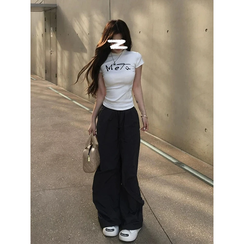 Moses Queen/魔西女王时髦正肩掐腰短袖t恤字母印花修身显瘦上衣