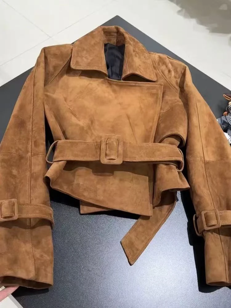 美式复古翻领收腰麂皮短外套女2025年秋季气质美拉德酷飒机车夹克