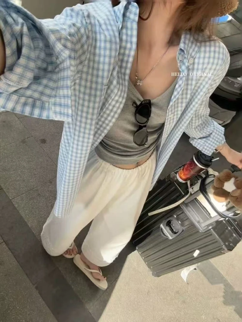 水洗精梳棉 慵懒风宽松薄款格纹衬衫长袖上衣