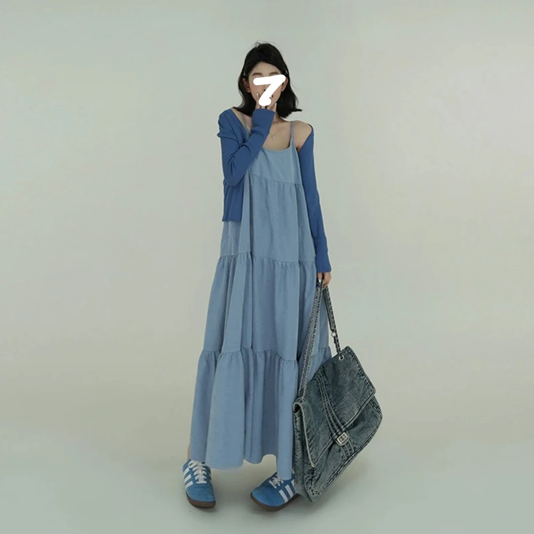 天一~蓝色吊带裙女夏季新款韩系宽松拼接海边裙子搭配开衫9862