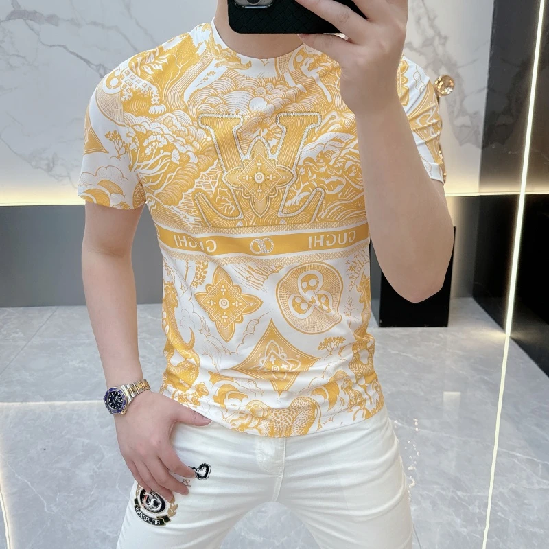 冰希潮牌.重工欧版男士圆领T恤时尚个性潮流印花短袖2025夏季新款