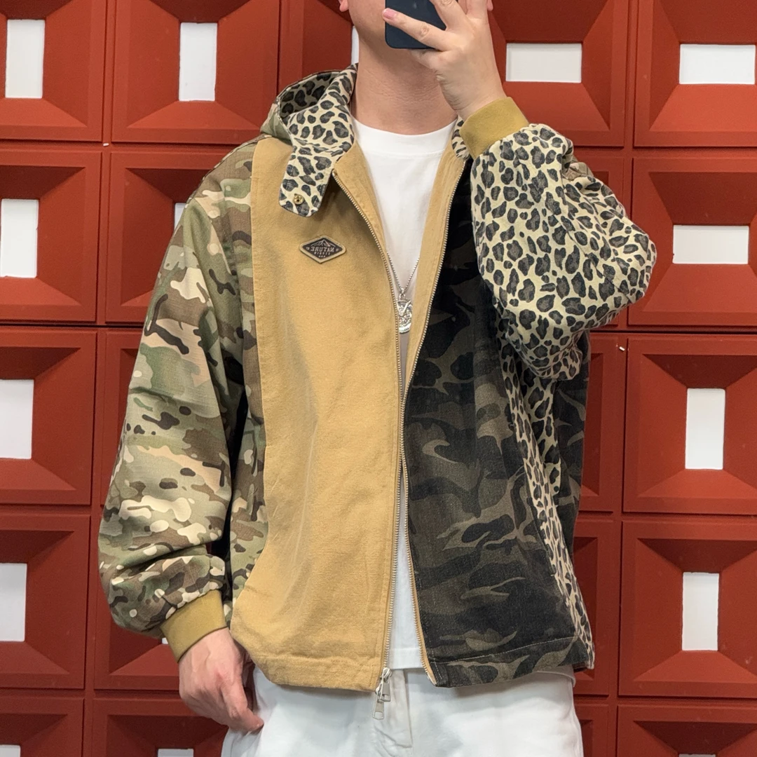 HK&NB x 艺术家系列 春秋复古民族风 潮流情侣豹纹拼接休闲外套