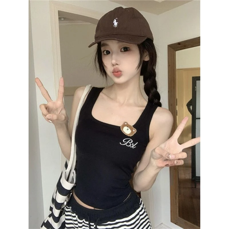 黑色辣妹小熊宽肩吊带背心女春夏外穿修身内搭自带胸垫无袖打底衣