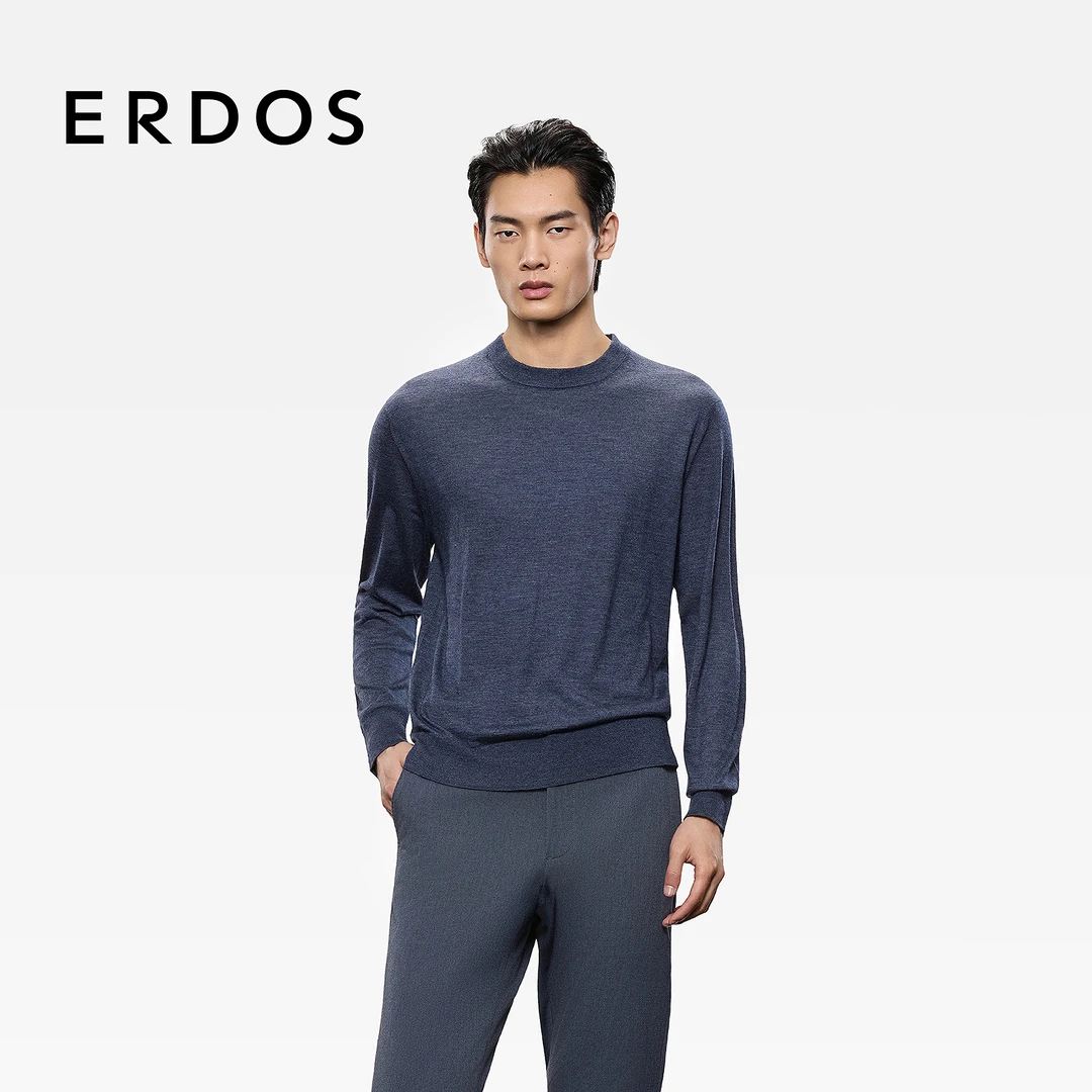 【精纺】ERDOS 男装圆领丝绒混纺针织衫25年早秋新品纯色直身套衫