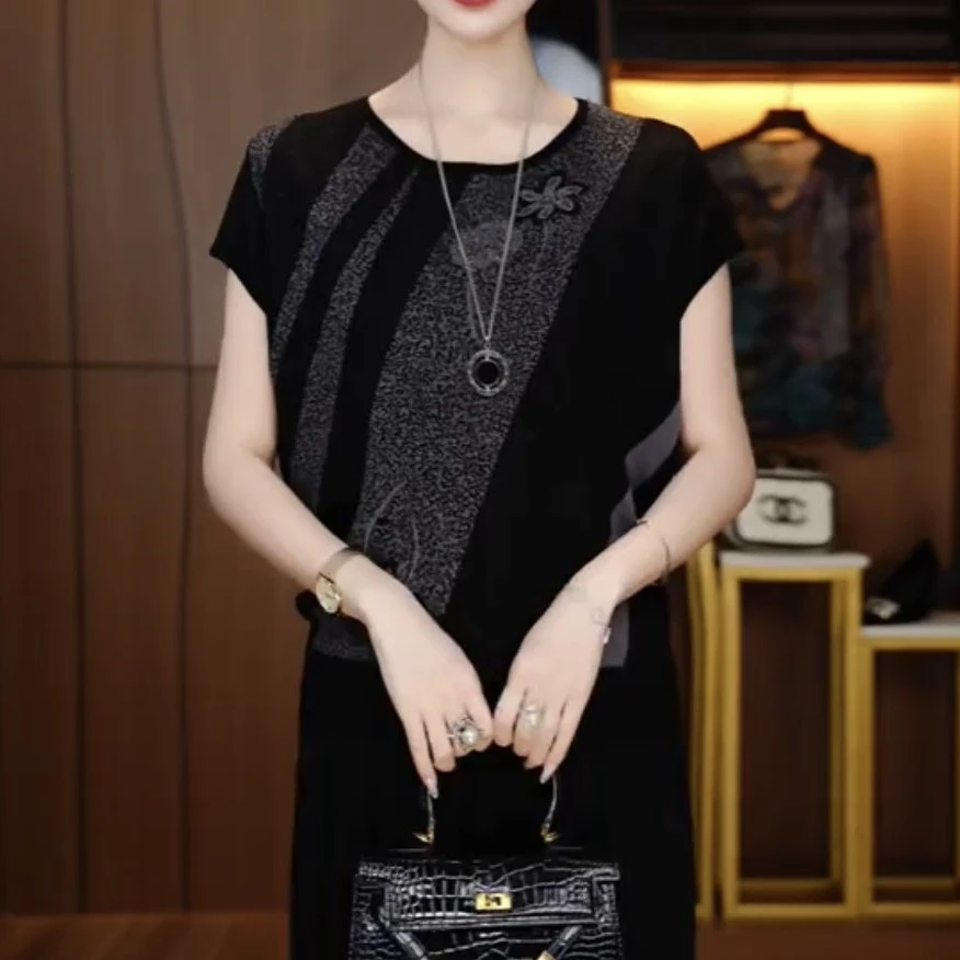 琉璃冰感丝妈妈短袖针织衫女爆款2025新款夏季小众高级感薄款上衣