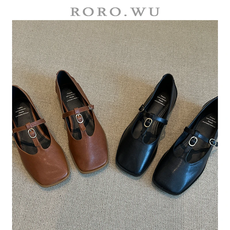 娆娆吴·头层羊皮方头减龄气质丁字扣粗跟百搭舒适时装单鞋A50