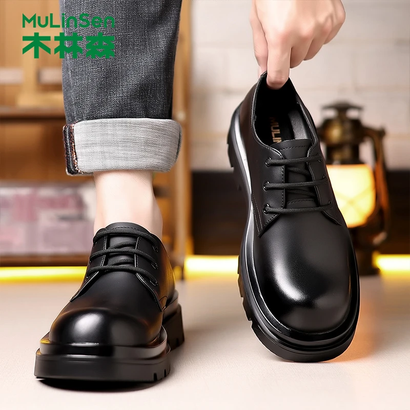 木林森皮鞋男2025新款正品商务户外休闲英伦风软底男鞋加肥加宽