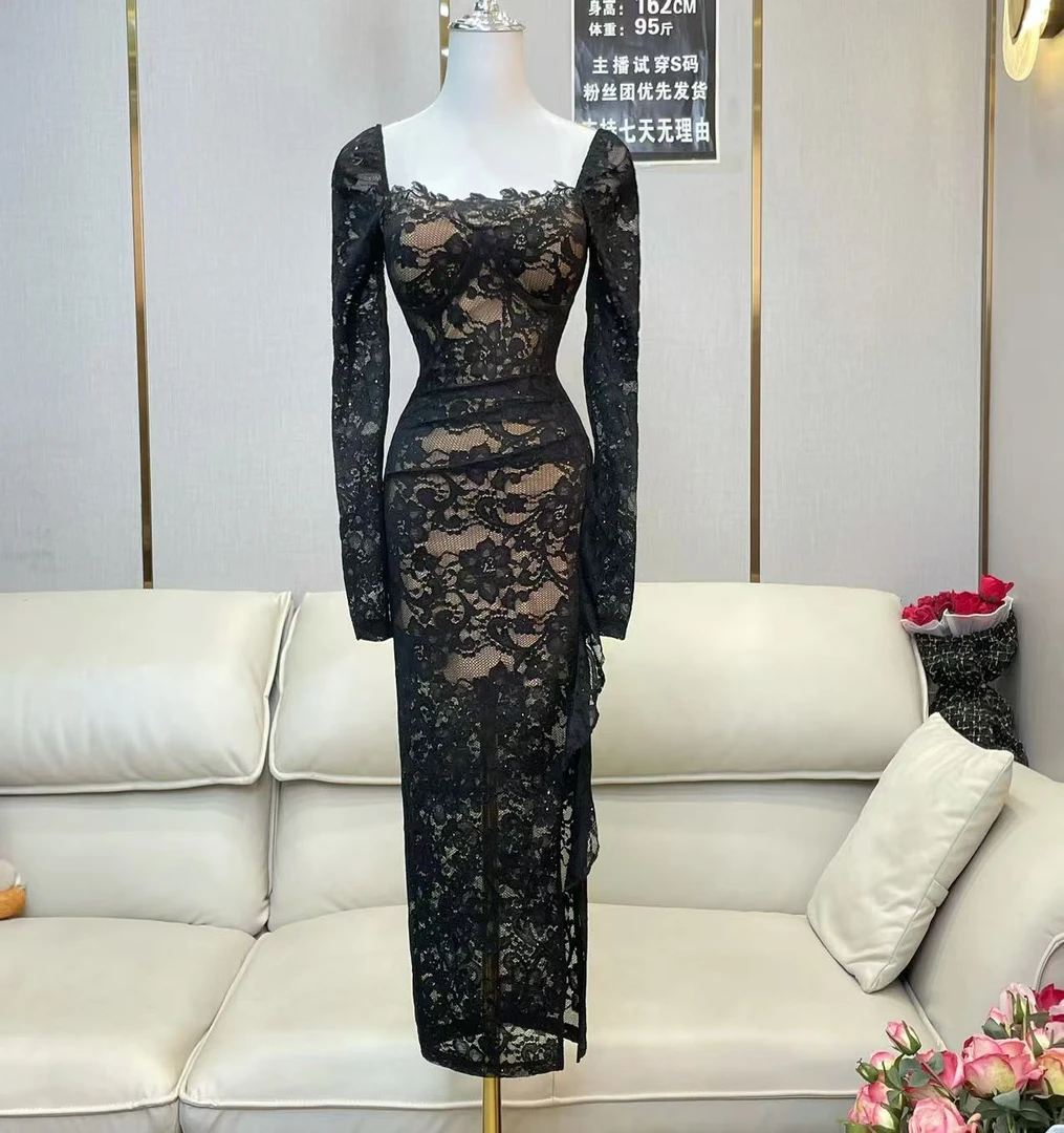 BECHARMING「温柔雪茶」时尚气质显瘦蕾丝花边法式连衣裙Q0858