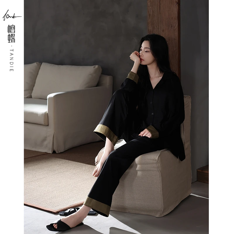 檀蝶纯棉居家女款爆款2025新款秋季撞色鎏金家居服女可外穿