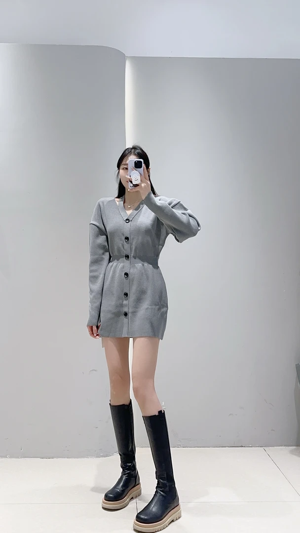 韩国东大门阿美韩国女装DZ显瘦百搭露锁骨针织收腰连衣裙