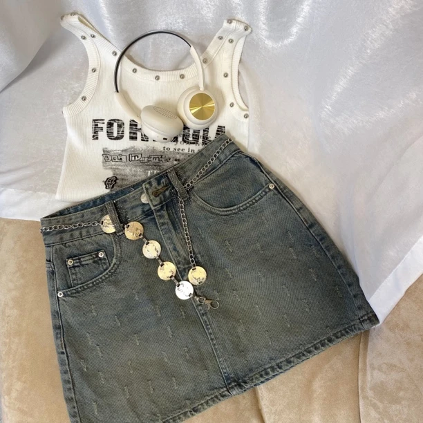 复古牛仔半身裙高腰显瘦防走光包臀裙A字短裙 7302