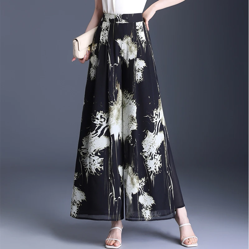 双层印花雪纺长裤子阔腿裤女夏季2025新款高腰垂感显瘦大脚裤裙裤