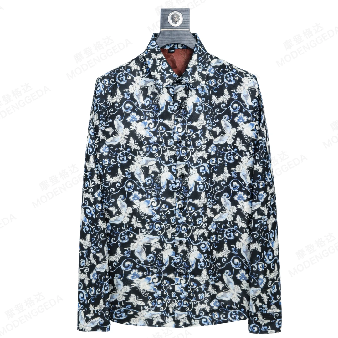 秋季新款国风蝴蝶免烫衬衫高端休闲时尚轻奢提花百搭男装衬衫外套