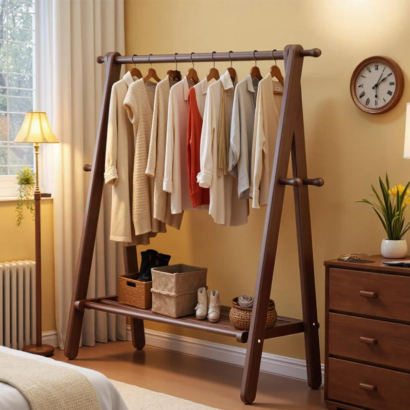 全榉木衣帽架卧室落地式实木挂衣架木质可折叠置物架挂衣服晾衣架