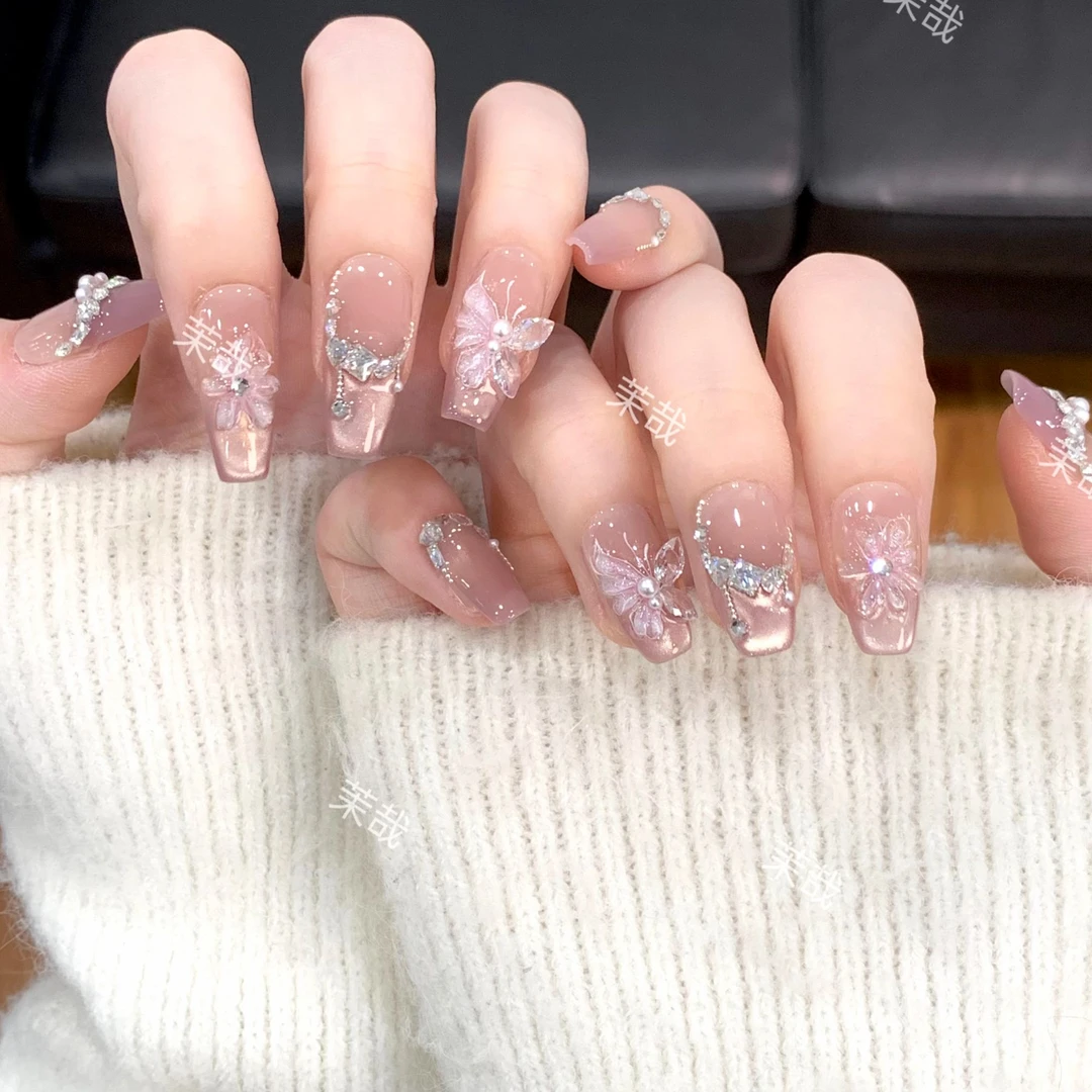 茉哉【蝶觅山茶】纯手工定制美甲拆卸穿戴甲A3591