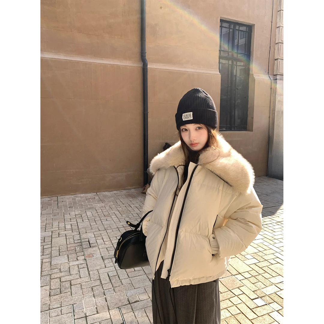 【现货】板栗可可 奶油泡芙白色短款羽绒服女冬季90白鸭毛领外套