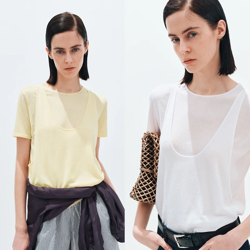 INYASAKO假两件叠搭真丝匹马棉解构时装针织短袖T恤
