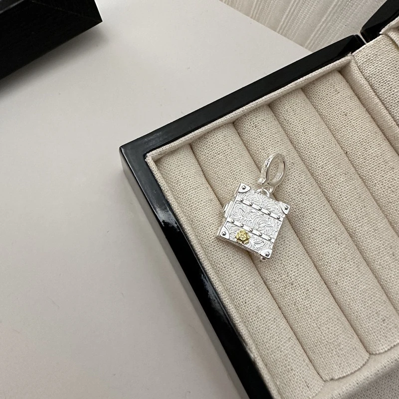 吊坠925银 s925银「宝箱」气质轻奢时尚万能扣吊坠手工复古
