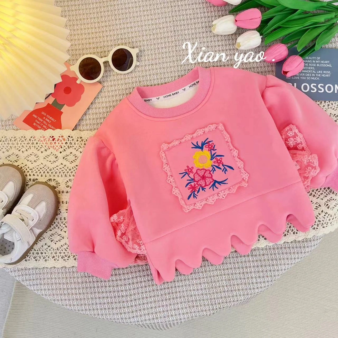 女童加绒刺绣卫衣花边下摆花朵刺绣长袖加绒卫衣SJ-J-C338